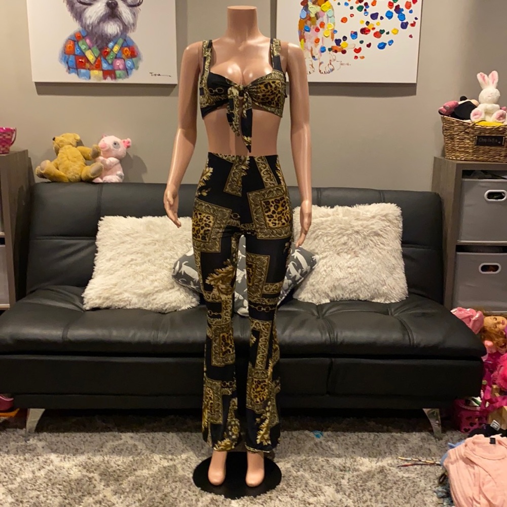 Posh By V Black Baroque Animal Print Flare Pant Set Two Piece Y2K XS NEW
